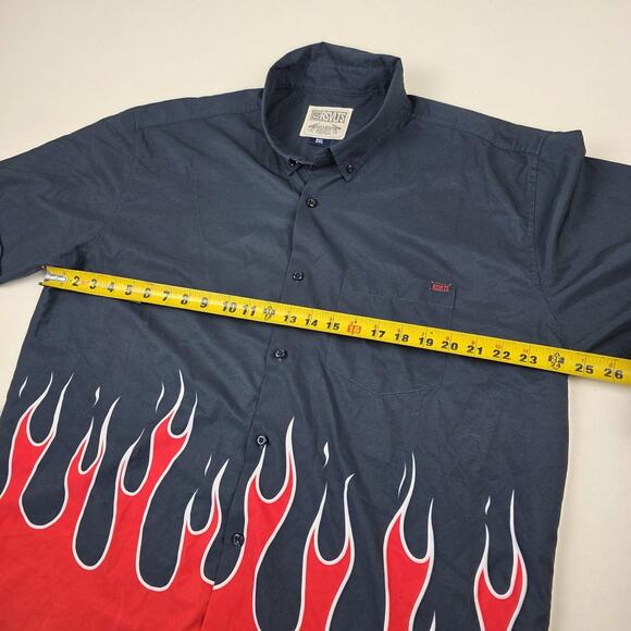 RSVLTS Shirt Mens 2XL Navy Red KUNUFLEX Flame Print Short Sleeve Button Down - Picture 6 of 12